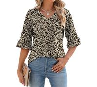 IECCP Womens Tops Summer V Neck Tunic Boho Printed Elegant Office Work Blouse Ladies Casual Dressy Ruffle Sleeve T Shirts Apricot Black S