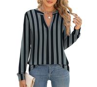 IECCP Womens Tops Work Blouses V Neck Long Sleeve Elegant Floaty Floral Printed Dressy Pleated Shirt Party Tunic Grey Stripe XXL