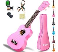 iECO Soprano Ukulele Beginner Kit - 21 Inch Ukulele for Kids Adults with Gig Bag, Picks, Tuner, Strap, Extra Strings (Pink)