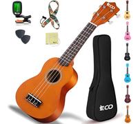 iECO Soprano Ukulele Beginner Kit - 21 Inch Ukulele for Kids Adults with Gig Bag, Picks, Tuner, Strap, Extra Strings (Honey)