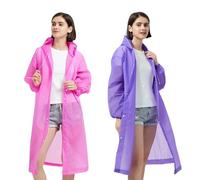 Iedogo Reusable Thickened Raincoat For Men/Women Lightweight, Emergency Rain Ponchos With Hood And Sleeves Colourful, Pack Of 2 (pink, purple)