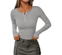 IEEILULU Long Sleeve Knit Tops - Women's Ribbed Henley Shirts V Neck Button Down Blouses Womens Casual Slim Fit Basic Tunic, Gray, S