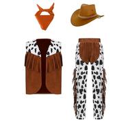 iEFiEL 4Pcs Kids Halloween Cowboy Cowgirl Costume Fringe Vest Pants Cowboy Hat and Bandanna Set Party Cosplay Costume Orange 15-16 Years
