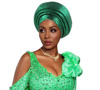 IEFIEL African Nigeria Headtie Auto Gele Head Wrap Dark Green One Size | Women Traditional African Head Wrap Turban Cap Nigerian Gele Headties Church Ceremony Headwear For Engagement Party