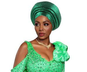IEFIEL African Nigeria Headtie Auto Gele Head Wrap Dark Green One Size | Women Traditional African Head Wrap Turban Cap Nigerian Gele Headties Church Ceremony Headwear For Engagement Party