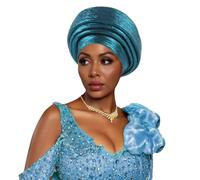 IEFIEL African Nigeria Headtie Auto Gele Head Wrap Lake Blue One Size | Women Traditional African Head Wrap Turban Cap Nigerian Gele Headties Church Ceremony Headwear For Engagement Party