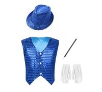 iEFiEL Boys Shiny Ringmaster Costume Magic Show Dress-up Blue 13-14 Years | Halloween Cosplay,Lion Tamer Costume,Circus Show,Wand and Gloves,Sequins Hat,Sleeveless Vest,Movies and Tv Character