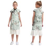 iEFiEL Kids Girls Chinese Traditional Style Qipao Mandarin Cheongsam Kimono Dress Theme Party Dress Up Light Green 13-14 Years