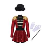 iEFiEL Kids Girls Circus Ringmaster Costume 4PCS Magic Show Performance Costumes Shiny Sequins Dance Leotard Jumpsuit Red A 13-14 Years