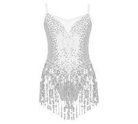 iEFiEL Kids Girls Tassels Latin Dance Leotard Sequins Ballroom Dancewear Salsa Tango Lyrical Dance Dress Silver 13-14 Years