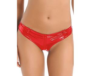 iEFiEL Women Shiny Wetlook PVC Leather High Waisted Booty Shorts Zipper Crotch Knickers Red M