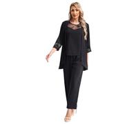 iEFiEL Women's 3 Pieces Chiffon Lace Mother of The Bride Dress Pant Suits Plus Size Formal Evening Party Outfit Black M
