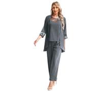 iEFiEL Women's 3 Pieces Chiffon Lace Mother of The Bride Dress Pant Suits Plus Size Formal Evening Party Outfit Gray M
