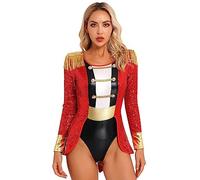 iEFiEL Women's Circus Ringmaster Costume Tassel Tailcoat Bodysuit Halloween Party Cosplay Fancy Dress Red A 3XL