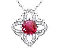 Iefil Clover Necklace for Women, Four Leaf Clover Birthstone Necklace for Her, Anniversary, Birthday Gift, Gift for Wife, Mother, 925 Sterling Silver, Jewelry for Her, Sterling Silver, Created Ruby