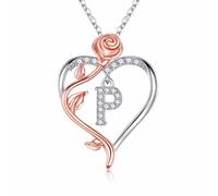 Iefil Dainty Necklace for Women 925 Sterling Silver Rose Love Heart Initial P Letter Pendant Necklace Jewelry Mothers Valentines Day Gifts for Her Wi