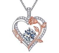 Iefil Mother Birthstone Necklace Gifts for Women 925 Sterling Silver Rose Heart Birthstone Necklace Mother Mother's Day Valentine's Day Birthday Gifts for Mum Sterling Silver