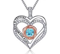 Iefil Rose Heart Birthstone Gifts 925 Sterling Silver Birthstone Necklace Mother's Day Valentine's Day Anniversary Birthday Jewelry Gifts, Sterling Silver, Synthetic Aquamarine