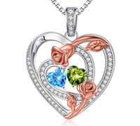 Iefil Rose Heart Birthstone Necklace - 925 Sterling Silver Double Heart Birthstone Necklace, Anniversary Birthday Gifts for Women, Mothers Valentines Day Gifts, Jewelry Gifts for Wife Girlfriend Mom