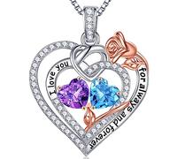 Iefil Rose Heart Necklace Gifts for Wife Women - 925 Sterling Silver Double Birthstone Necklace, Anniversary Birthday Gifts for Women, Jewelry Gifts for Wife Girlfriend Mom Her, Sterling Silver,
