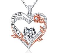 Iefil Rose Heart Necklace Gifts for Women - 925 Sterling Silver Birthstone Necklace for Women, Anniversary, Valentine's Day Gifts, Birthday Gifts for Women, Wife, Girlfriend, Sterling Silver