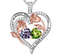 Iefil Valentines Day Gifts - 925 Sterling Silver Pink Heart Birthstone Necklace for Mothers Day, Birthday Gifts for Women, Anniversary, Christmas, Gifts for, Sterling Silver, created Peridot