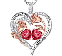 Iefil Valentines Day Gifts - 925 Sterling Silver Pink Heart Birthstone Necklace for Mothers Day, Birthday Gifts for Women, Anniversary, Christmas, Gifts for, Sterling Silver, Created Ruby