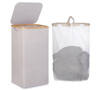 iEGrow Laundry Hamper 110L, Laundry Basket with Lid and Handle, Collapsible Laundry Baskets with Removable Inner Bag, Bamboo Washing Basket for Bedroom Bathroom Laundry Room (Light Grey)