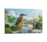 IEJKLUVWX Kingfisher Canvas Wall Art Lotus Pond Artwork on Wall Art Canvas Paintings Gift to Your Families And Friends Or Your Lover 08x12inch(20x30cm)