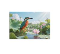 IEJKLUVWX Kingfisher Canvas Wall Art Lotus Pond Wall Painting Pictures Hanging Art Poster for Living Room Bedroom Home Decorations 16x24inch(40x60cm)