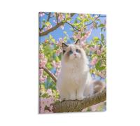 IEJKLUVWX Ragdoll Cat Blossom Wall Pictures Cherry Blossoms Waterproof Canvas Durable Easy to Install for Bathroom Sofa Background Home Decor Lover Unique 08x12inch(20x30cm)