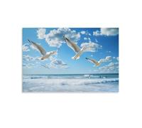 IEJKLUVWX Seagulls Beach Canvas Wall Picture Blue Sky with Clouds Canvas Print Artwork Prints for Walls 3D Print Ready to Hang for Living Room Bedroom Bathroom Home 20x30inch(50x75cm)