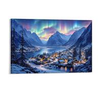 IEJKLUVWX Winter Village Aurora Wall Decor Aurora Borealis Village Waterproof Canvas Lightweight Easy to Install for Sofa Background Dorm Room Housewarming Gift Unique 08x12inch(20x30cm)