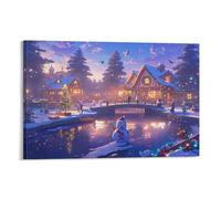 IEJKLUVWX Winter Village Scene Art Print Cozy Winter Cabin Waterproof Canvas Moisture Resistant Ready to Hang for Above Bed Sofa Background Home Decor Lover Original 12x18inch(30x45cm)