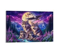 IEJKLUVWX Wolf Family Under Moon Art Print Moonlit Wolf Pack Waterproof Canvas Easy to Install Vibrant Colours for Above Bed Living Room Housewarming Gift Original 16x24inch(40x60cm)