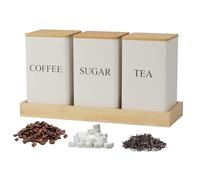 IEMIEBSHA 3Pcs Coffee Tea Sugar Container Set, White Iron Storage Tin with Bamboo Lid and Tray, Square Airtight Food Container Jars for Farmhouse Kitchen Dining Room Countertop Decor