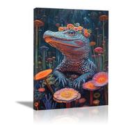 IEPOZWA Canvas Wall Decor Alligatorwith Flower Crown in Magical Mushroom Forest Funny Bathroom Wall Painting,Animals Humor Abstract Artwork For Living Room Gallery Bathroom,Canvas Wall Decor(Blue)