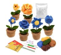 Ieron 6 Pcs Crochet Potted Flowers DIY Kit - Beginner's Crochet Starter Kit with Step-by-Step Video Tutorial (Blue, Yellow)