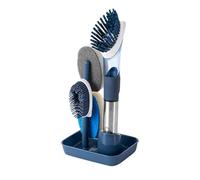 Ieron Blue Dish Scrubber Brush Set with 4 Multi-functional Heads and Handle Soap Dispensing Dish Brush Wash Up Brushes Sponge for Pot Pan Dish Sink Kitchen Cleaning