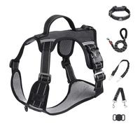 IEUUMLER No Pull Dog Harness, Reflective Front Clip Vest with Leash,Safety Belt and Backup Safety Strap, Adjustable Easy Control Handle,Air Tag Dog Collar for Small Medium Large Dogs EU021 (Black, L)