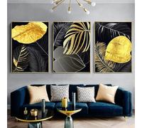 IEUUUB 3Pcs/Set Abstract Plant, Golden Black Leaf Canvas Poster Wall Art Print Modern Pictures Living Room Dining Home Decor 20x30cm(8x12in) x3 with frame