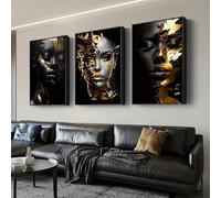 IEUUUB Modern African Women 3pcs Set Canvas Art Prints - Large Size Gold Wall Art Canvas Artwork for Living Room Background Painting 70x100cm(28x39in) x3 with frame