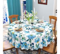 iEvery Blue Flower Round Tablecloth Wipe Clean 150cm, Wipeable Floral Table Cloth Circular Waterproof Stain-Resistant Polyester Table Cover for Dinning Kitchen Patio Outdoor Home Decor