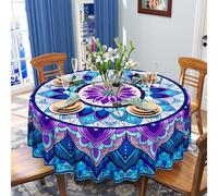 iEvery Boho Mandala Round Tablecloth Wipe Clean 150cm, Wipeable Floral Table Cloth Circular Waterproof Stain-Resistant Polyester Table Cover for Dinning Kitchen Patio Outdoor Home Decoration