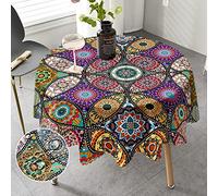 iEvery Round Tablecloth 150cm Boho Wipeable Tablecloths Polyester Wipe Clean Table Cloth Waterproof Circular Table Cover for Home Dinning Kitchen Party Picnic Patio Outdoor