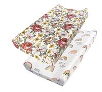 iEvolve Changing Pad Cover Ultra Soft Minky Dots Changing Table Cover Breathable Changing Table Sheet Diaper Changing Pad Cover for Baby Boys Girls (Blossom&Rainbow,Pack of 2)