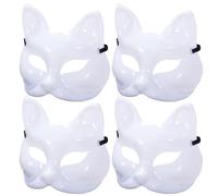 Iewroyt 4 Pcs Cat Mask DIY Blank Paintable Halloween Fox Mask Half Face Unfinished White Therian with Elastic Band for Cosplay Masquerade Party, White Cat