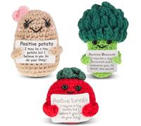 iewrtcin 3 Pcs Mini Creative Positive Vegetables Doll, Thank You Gift, Funny Knitted Toy Set With Affirmation Cards, Wool Plush Good Luck Gifts for Teacher, Family, Colleagues(Potato Broccoli Tomato)