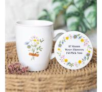 Heartwarming Ceramic Mug & Coaster Set for Mum - Vibrant Spring Flowers & Sweet 'If Mums were Flowers, I'd Pick You' Message - 350ml Capacity, Microwave & Dishwasher Safe