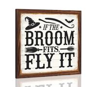 If the Broom Fits, Fly It Wooden Frame Sign Fall Theme Wall Hanging Rustic Style Wall Decor for Living Room Bedroom Farmhouse Kitchen Halloween Decorations 8x8 Inch.